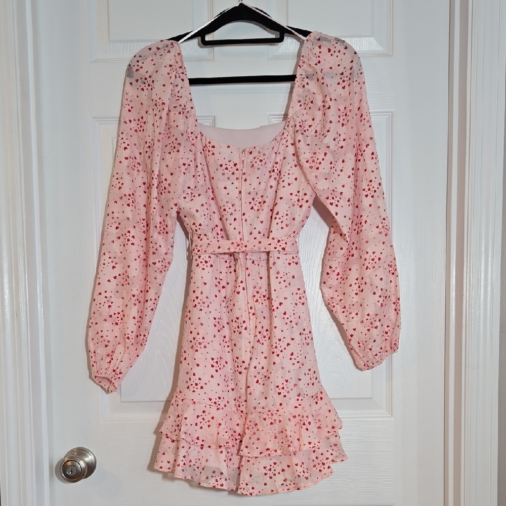 Blue Rain Pink Floral Red Heart Design Long Sleeve Dress Size Small - Picture 7 of 11